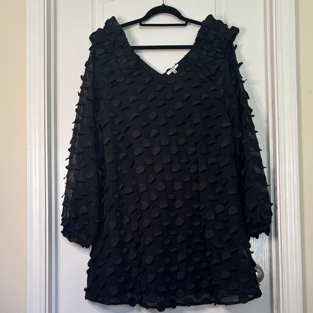 JODIFL Black V-Neck Textured Polka Dot Dress